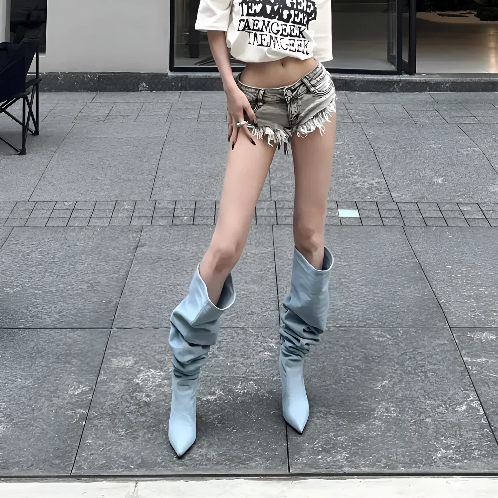 Women's pointed toe stiletto denim high heel below the knee boots in blue artificial PU with waterproof platform
