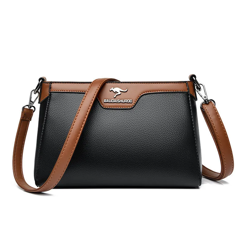 One shoulder soft PU small square stitching women's cross-body bag in black with contrast colour details and double strap