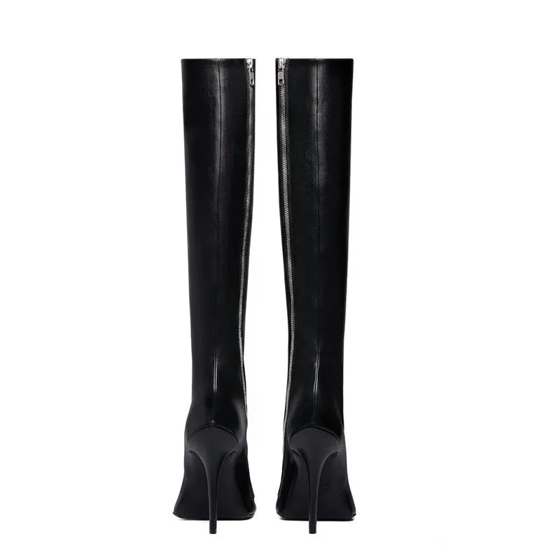 Black women's stiletto heel pointed toe knee-high boots with side zipper
