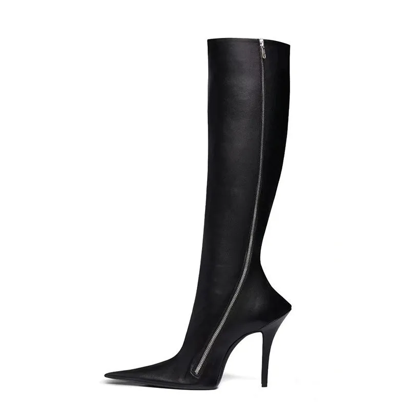 Black women's stiletto heel pointed toe knee-high boots with side zipper