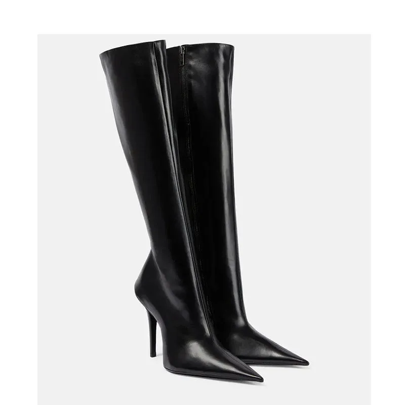Black women's stiletto heel pointed toe knee-high boots with side zipper