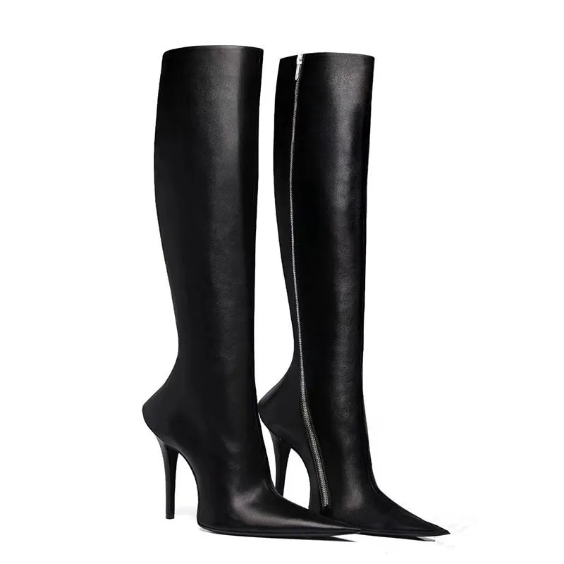 Black women's stiletto heel pointed toe knee-high boots with side zipper