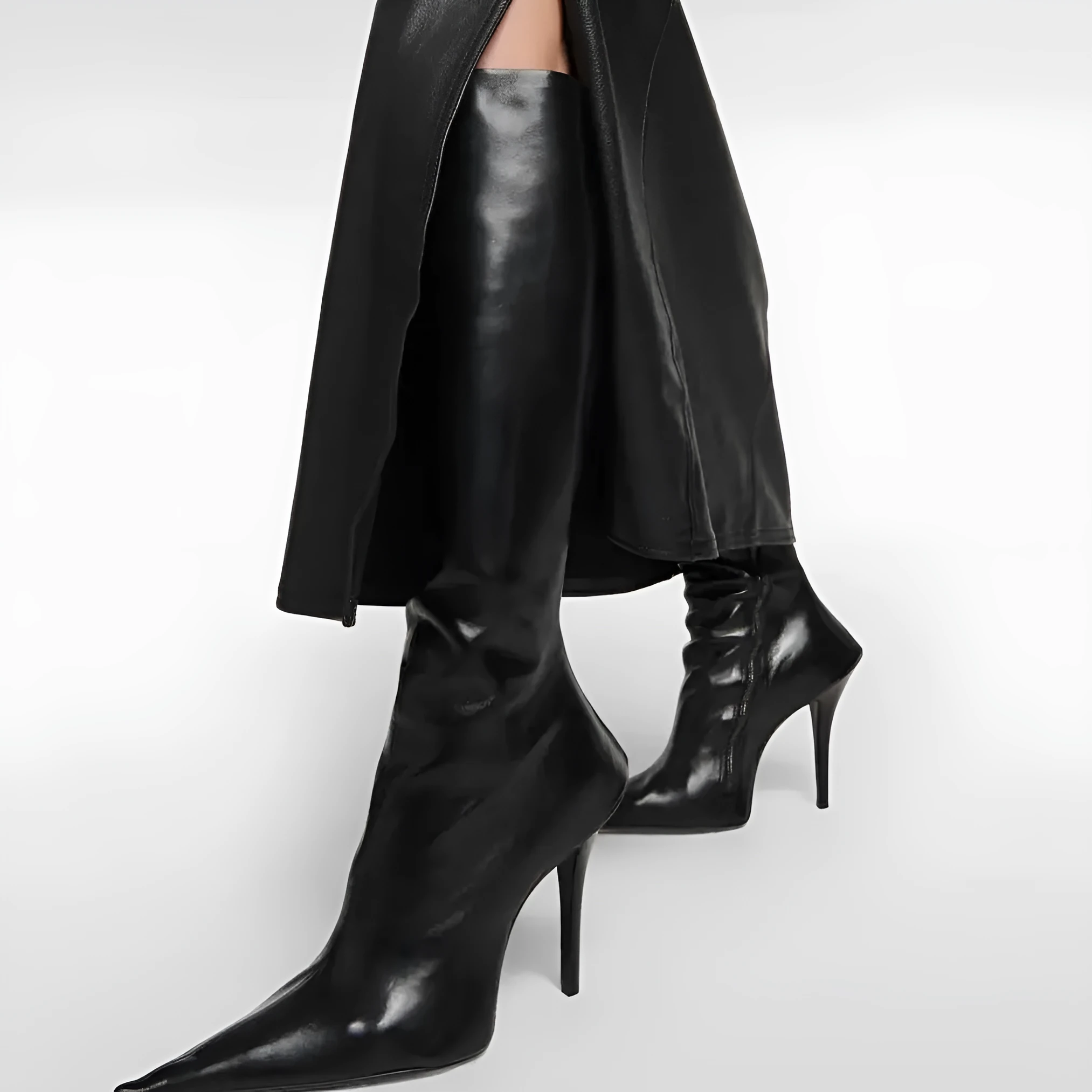 Black women's stiletto heel pointed toe knee-high boots with side zipper