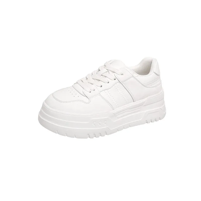 White platform height increasing lace up sports board shoes for women, low top cowhide, 6-8cm heel