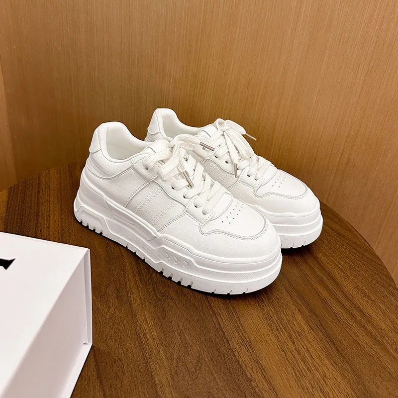 White platform height increasing lace up sports board shoes for women, low top cowhide, 6-8cm heel