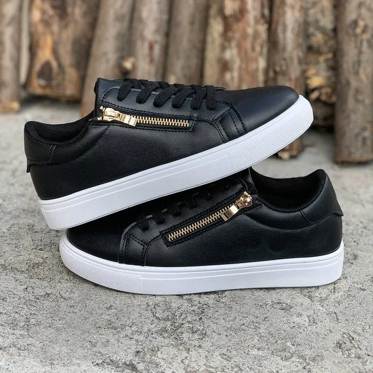 Women's casual sports shoes with side zipper, artificial PU upper, and rubber sole in black
