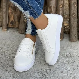 Women's casual sports shoes with side zipper, artificial PU upper, and rubber sole in black