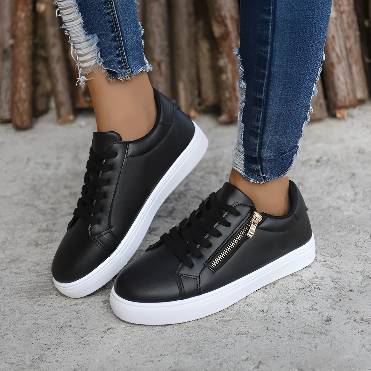 Women's casual sports shoes with side zipper, artificial PU upper, and rubber sole in black