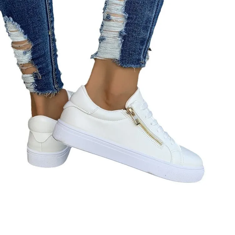 Women's casual sports shoes with side zipper, artificial PU upper, and rubber sole in black