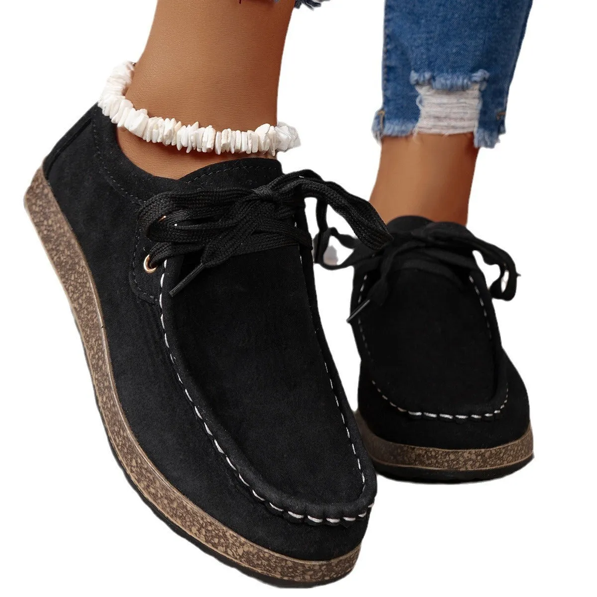 Solid colour black front lace-up round toe women's leisure flat shoes