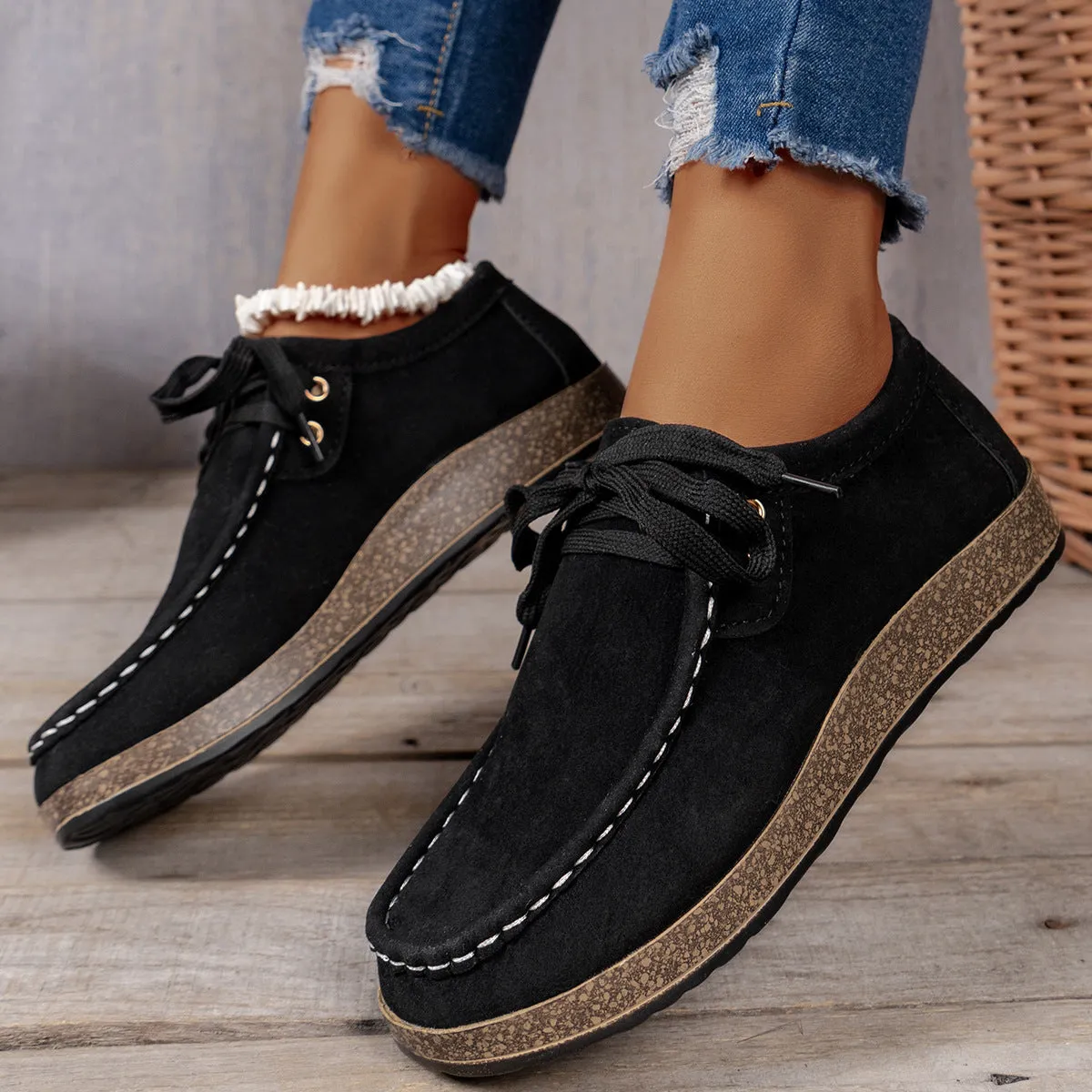 Solid colour black front lace-up round toe women's leisure flat shoes