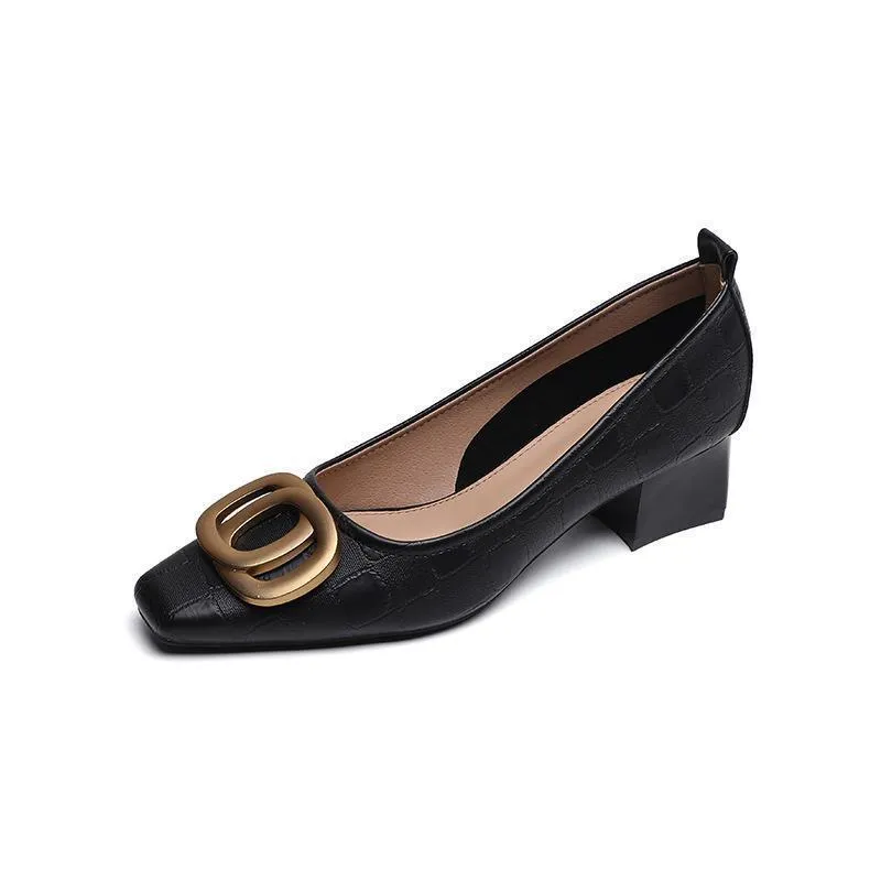 Women's black French square head chunky heel pumps oxford style side view