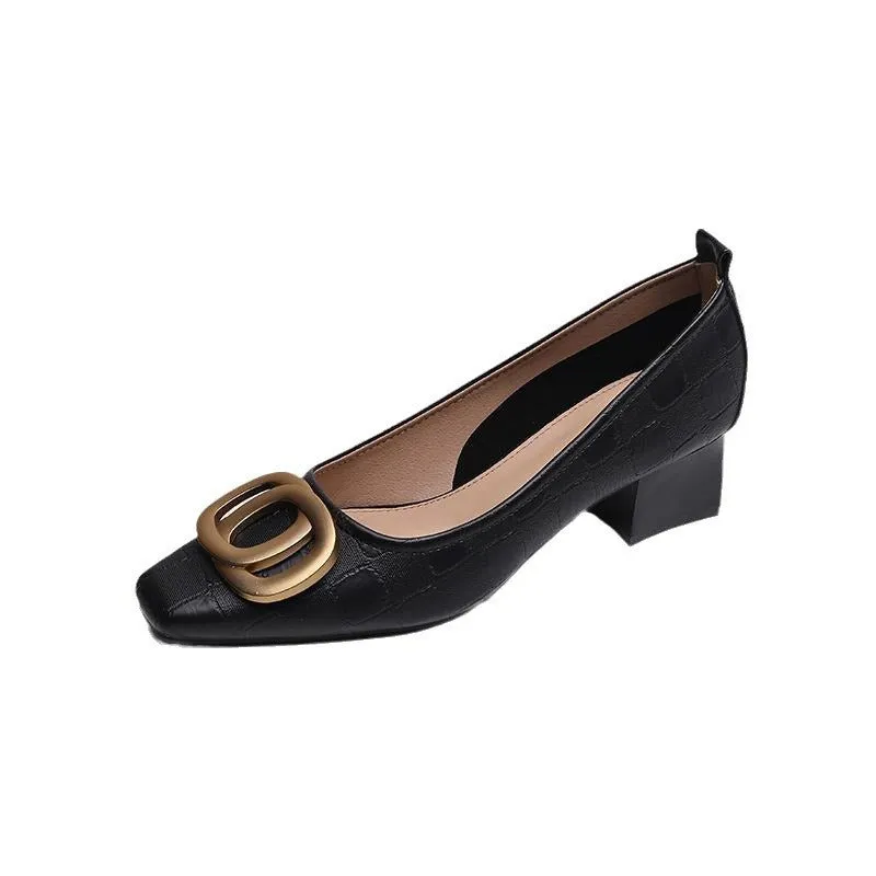 Women's black French square head chunky heel pumps oxford style side view