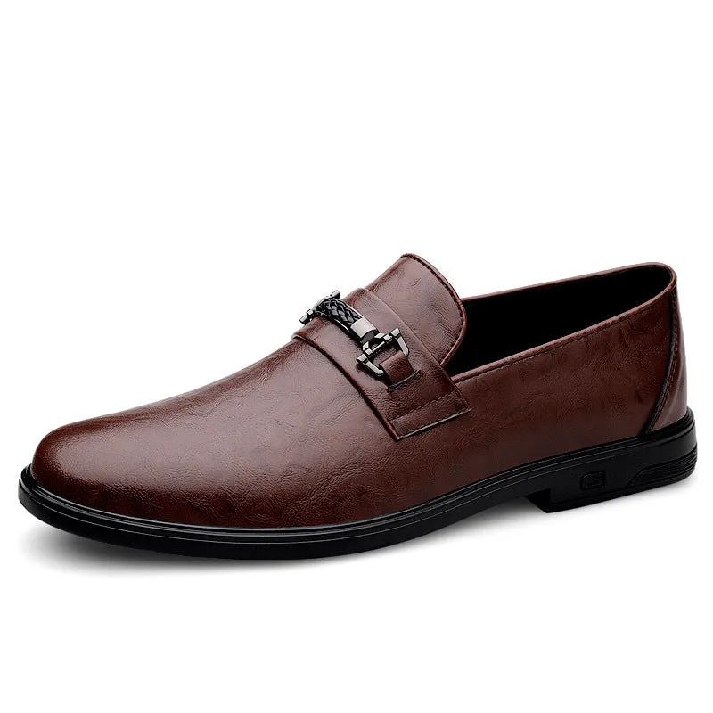 Men's brown low-top slip-on cowhide leather shoes with chunky heel and round toe