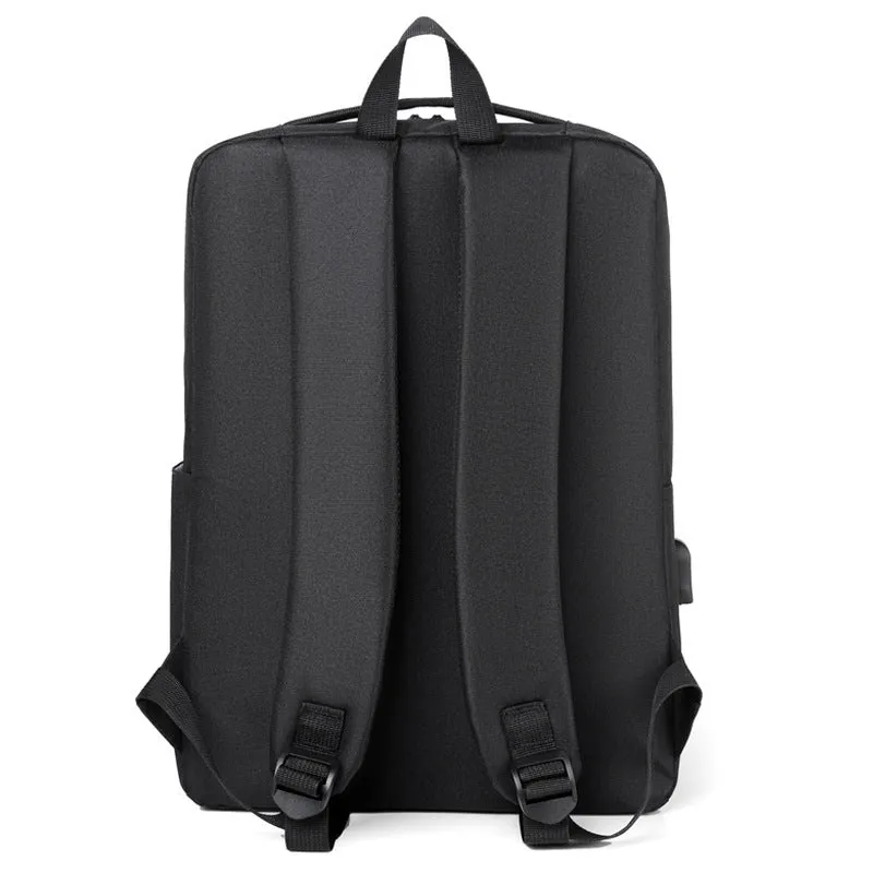Men's black waterproof Oxford cloth business backpack with curved straps and 20-35L capacity.