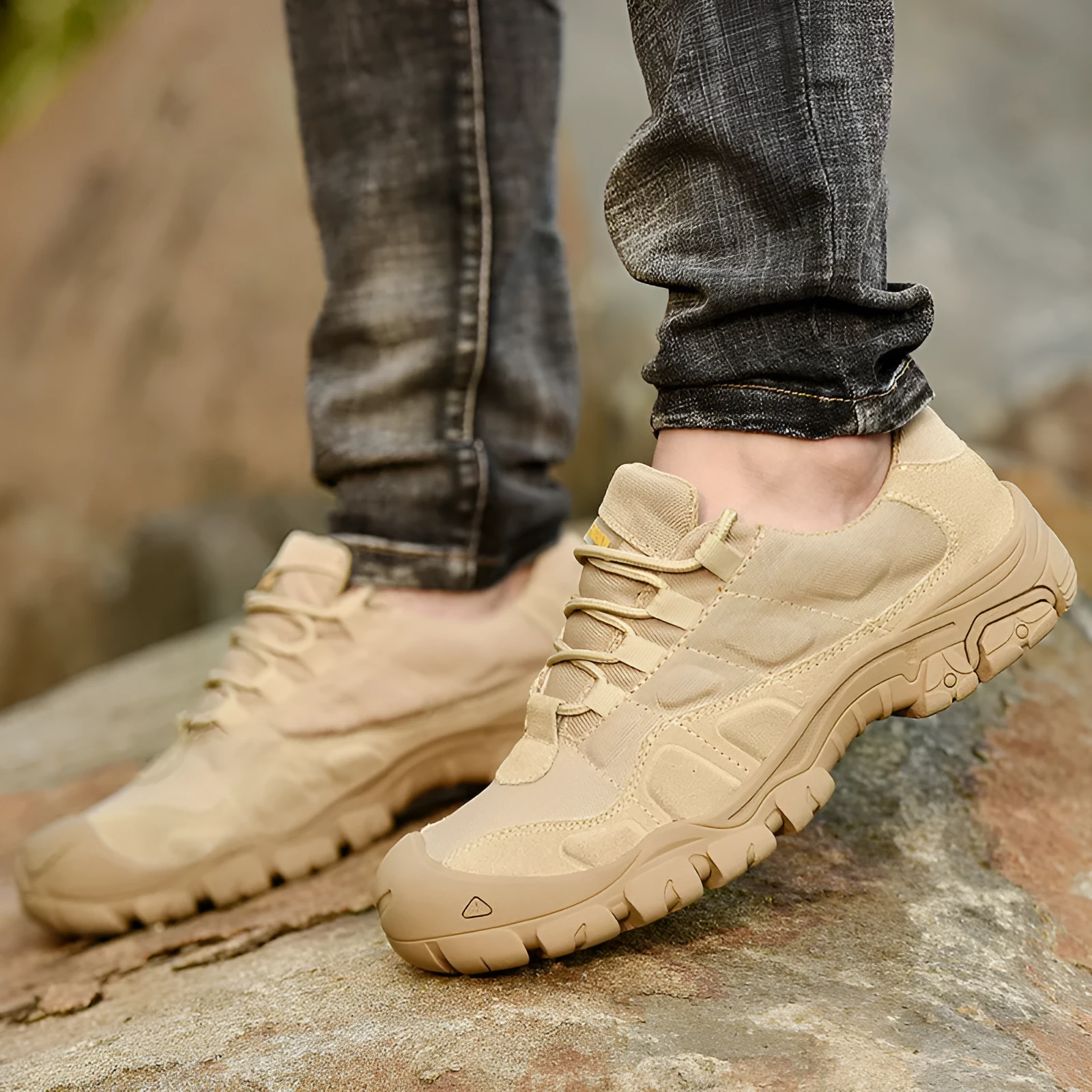 Non-slip breathable canvas hiking shoes in black with rubber sole and low top design
