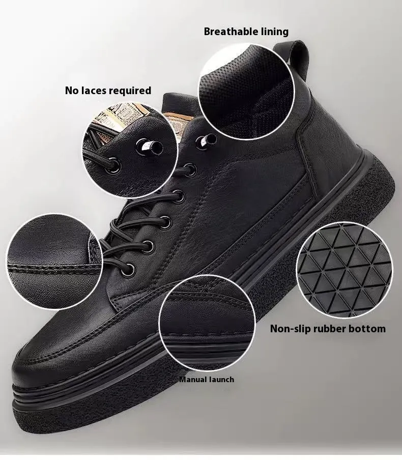 Men's black sports casual loafers with artificial PU upper and sewing line detail