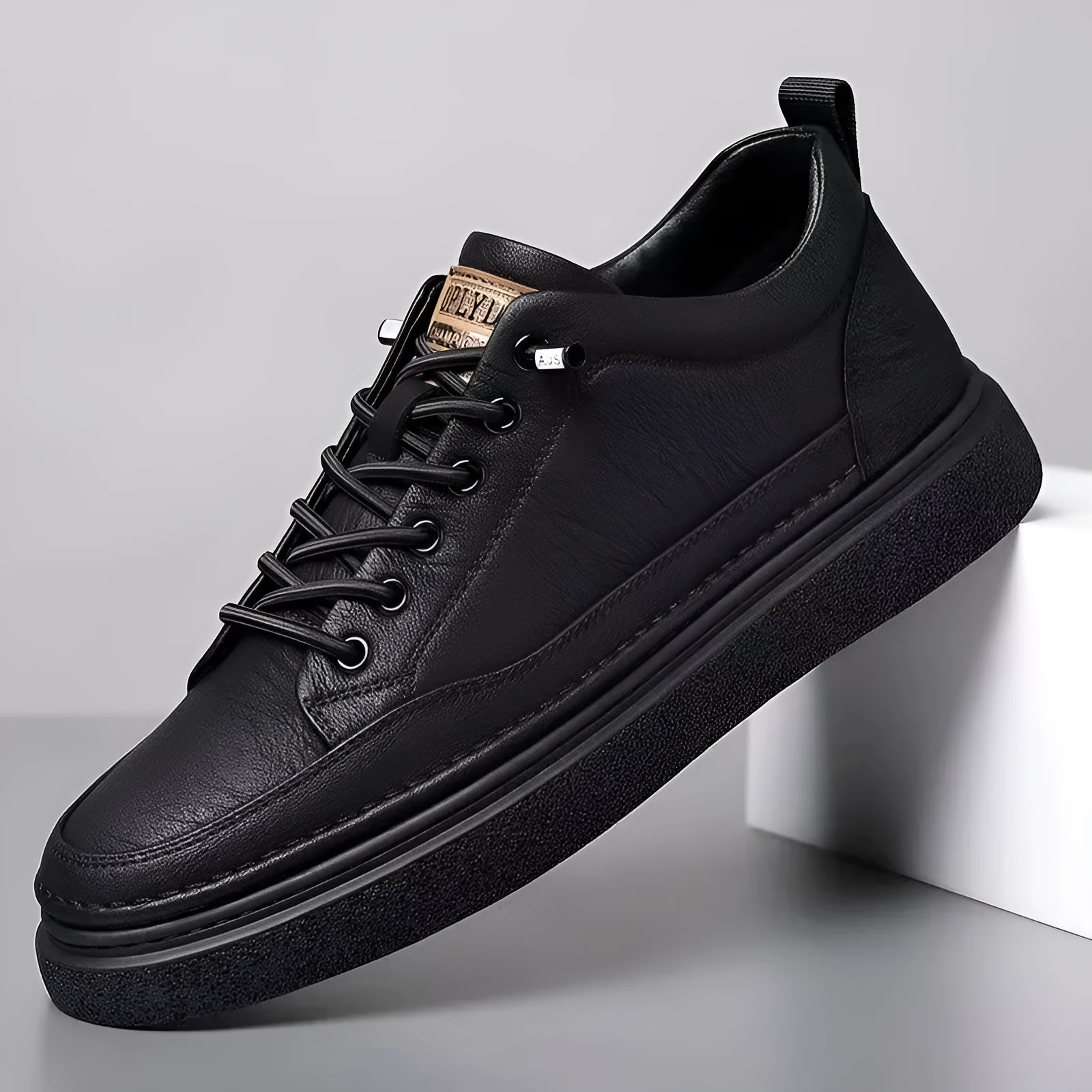 Men's black sports casual loafers with artificial PU upper and sewing line detail