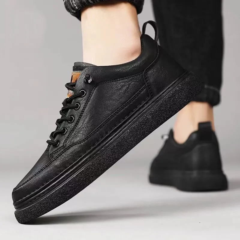 Men's black sports casual loafers with artificial PU upper and sewing line detail