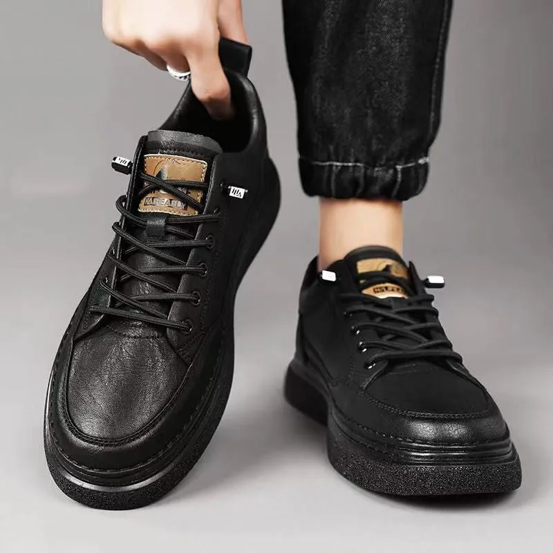 Men's black sports casual loafers with artificial PU upper and sewing line detail