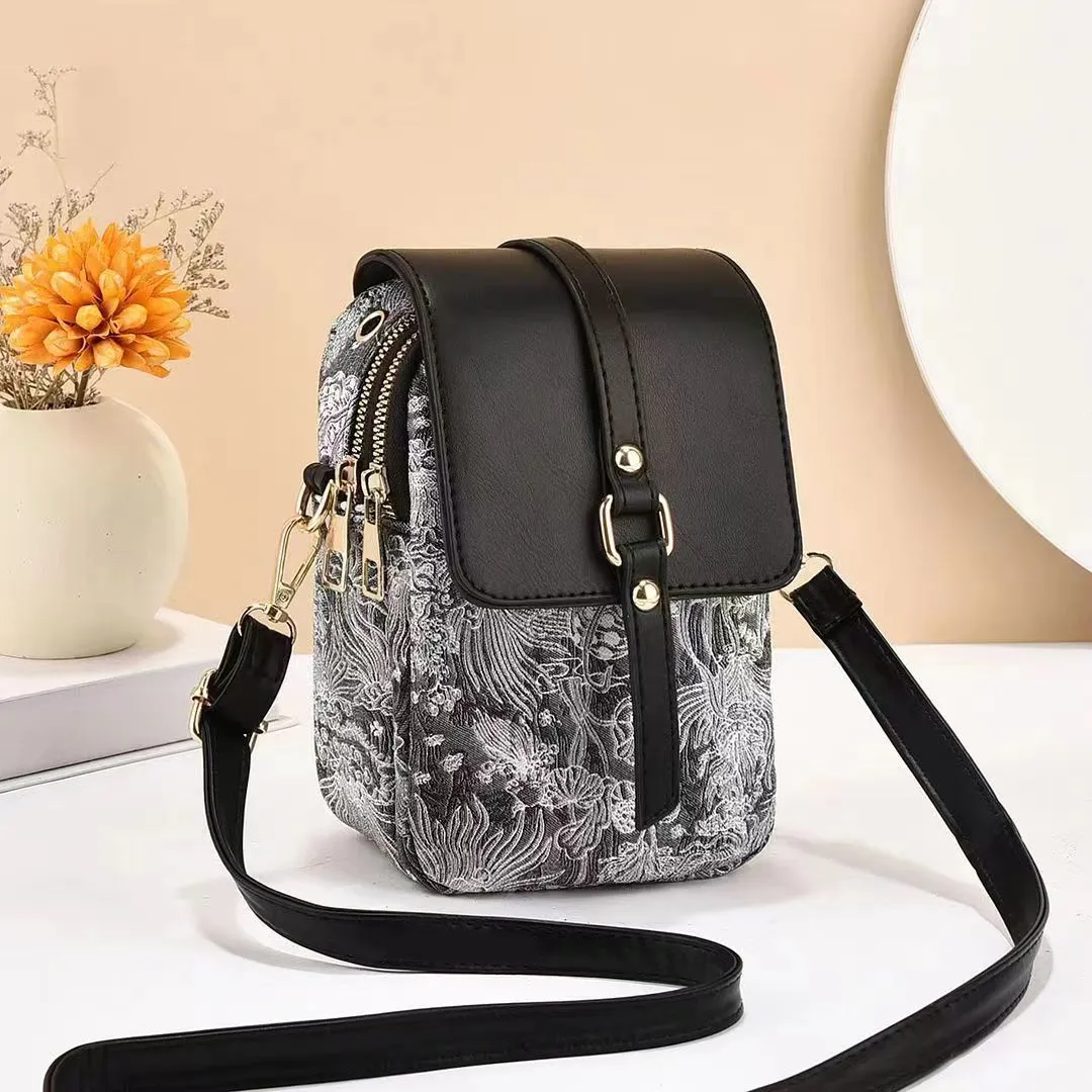 Women’s multi-compartment mobile phone bag in PU leather, bucket shape, 13x8x19cm, available in black