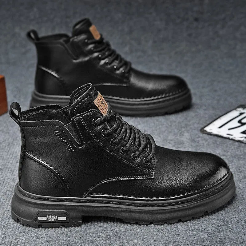 Men's retro Martin boots with chunky sole, front lace-up, round toe, in black, side view