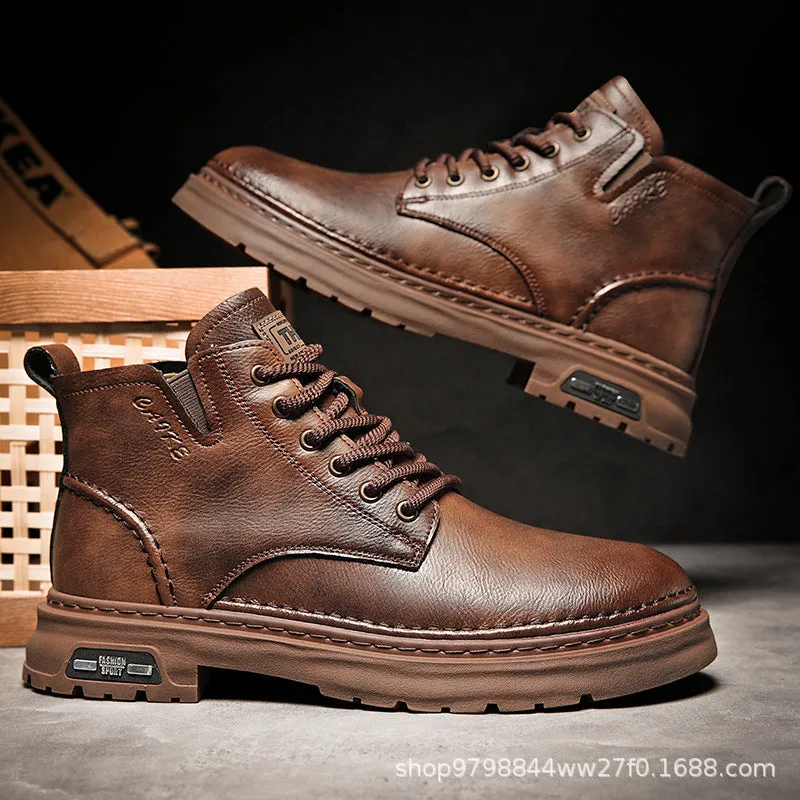 Men's retro Martin boots with chunky sole, front lace-up, round toe, in black, side view