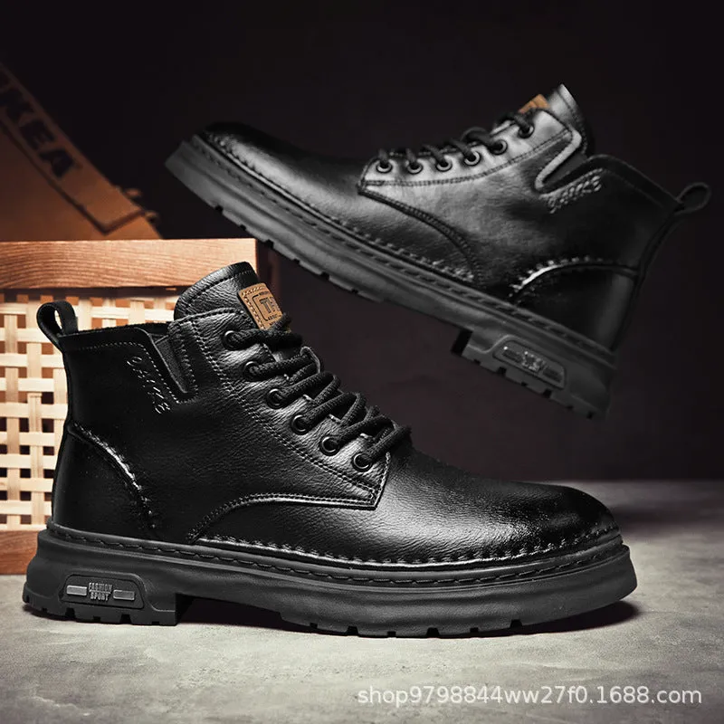 Men's retro Martin boots with chunky sole, front lace-up, round toe, in black, side view