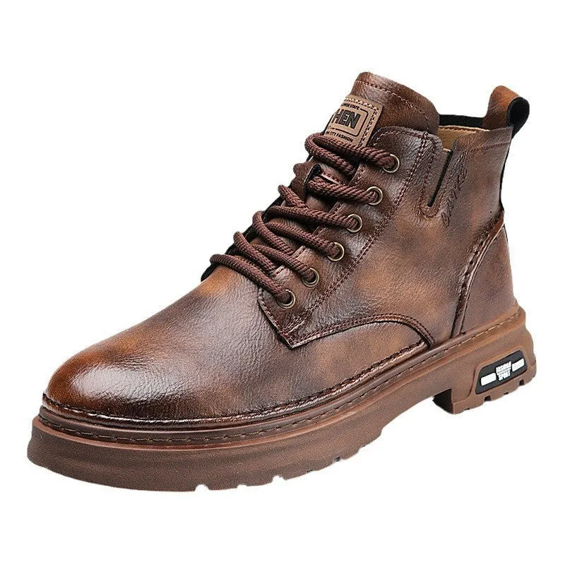 Men's retro Martin boots with chunky sole, front lace-up, round toe, in black, side view