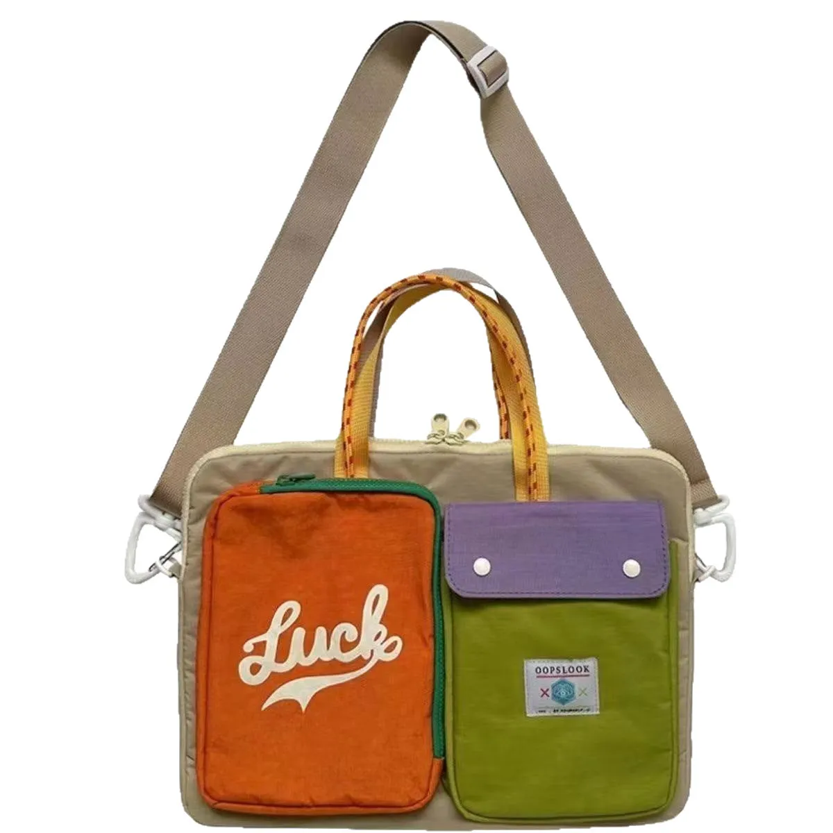 Japanese dopamine colour matching crossbody bag with grey contrast colour, waterproof nylon, and shoulder strap