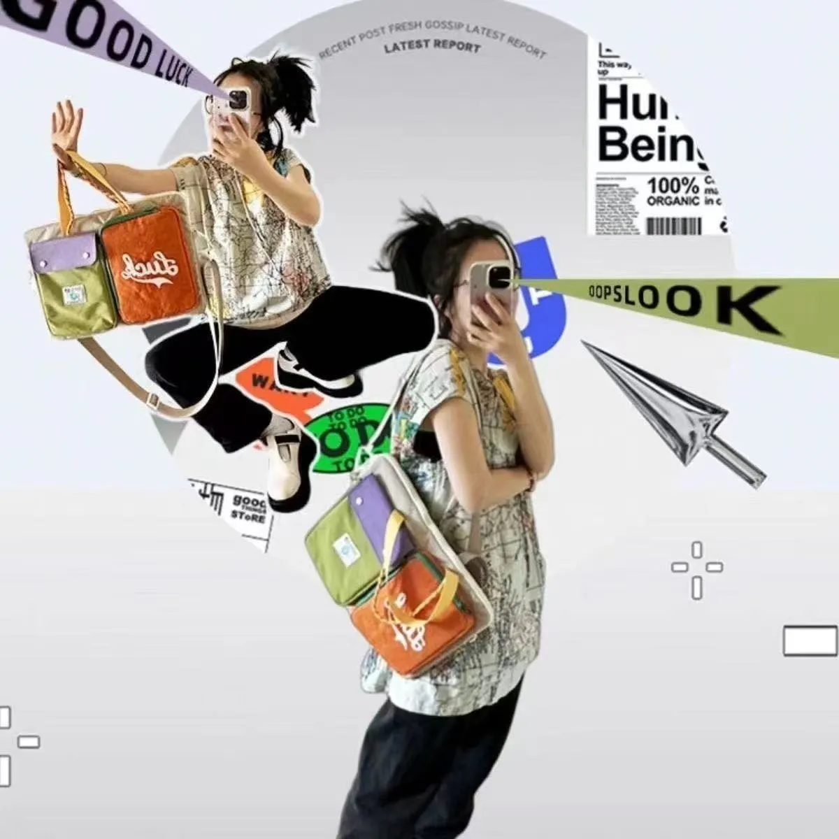 Japanese dopamine colour matching crossbody bag with grey contrast colour, waterproof nylon, and shoulder strap