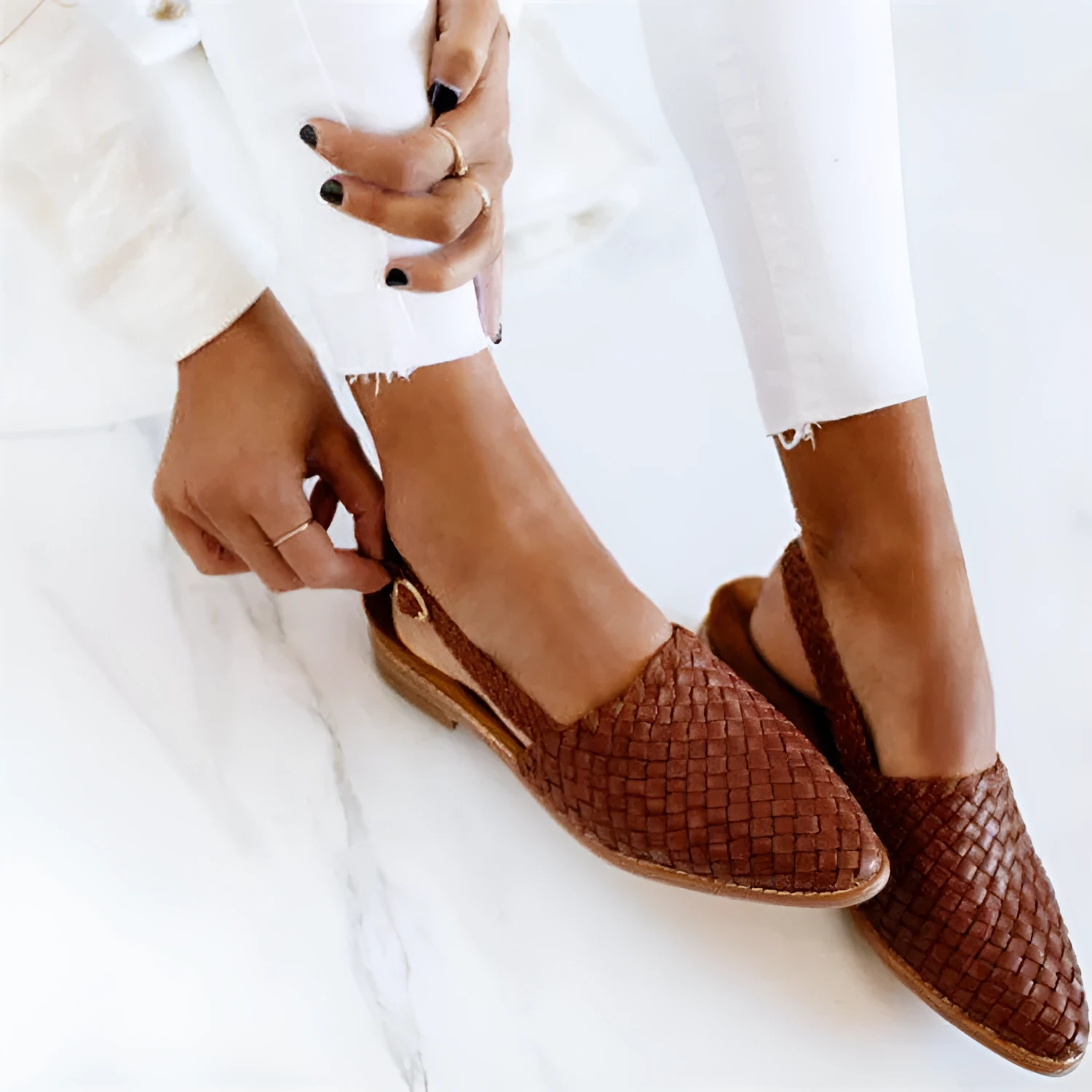 European style pointed-toe flat sandals with buckle closure in various colours