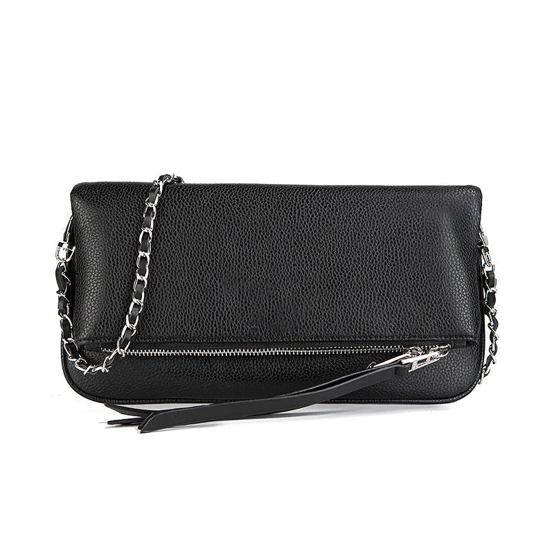 Women's black shoulder messenger bag with chain detailing and organised interior compartments