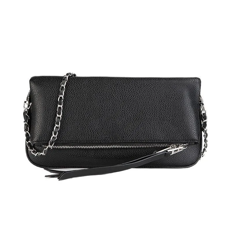 Women's black shoulder messenger bag with chain detailing and organised interior compartments