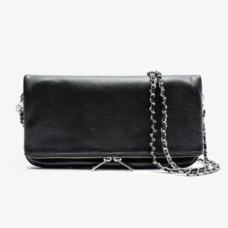 Women's black shoulder messenger bag with chain detailing and organised interior compartments