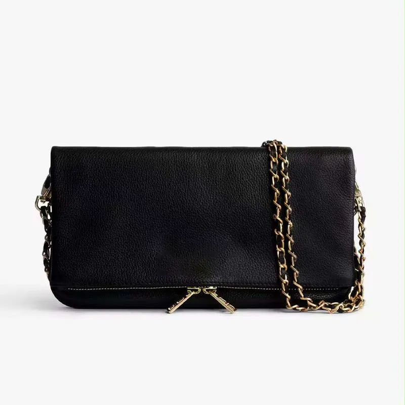 Women's black shoulder messenger bag with chain detailing and organised interior compartments