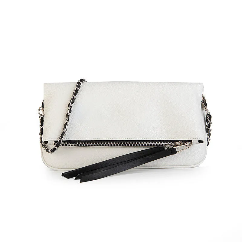 Women's black shoulder messenger bag with chain detailing and organised interior compartments