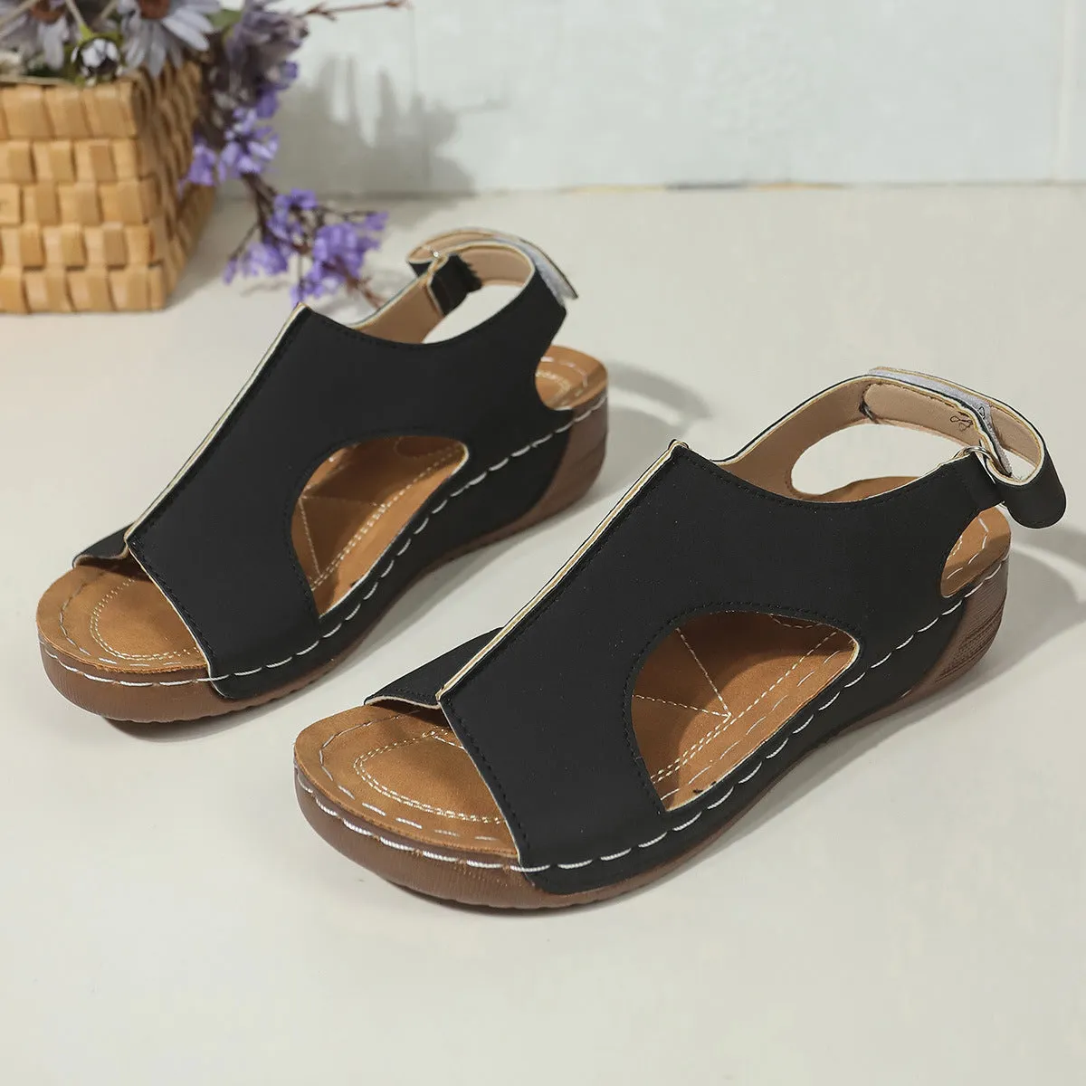 Women's plus size wedge sandals in light brown with Velcro strap, PU upper, and round toe on a neutral background