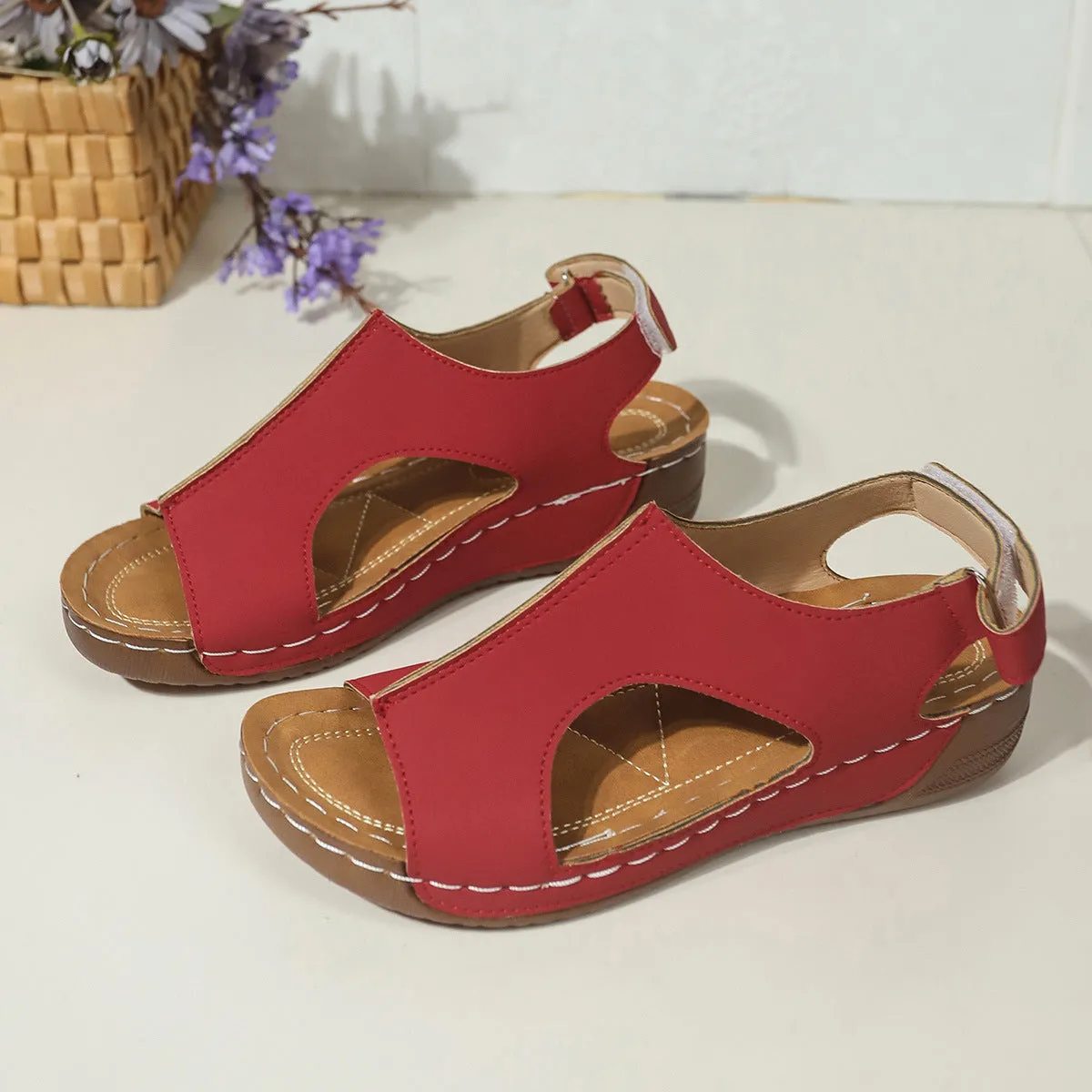 Women's plus size wedge sandals in light brown with Velcro strap, PU upper, and round toe on a neutral background