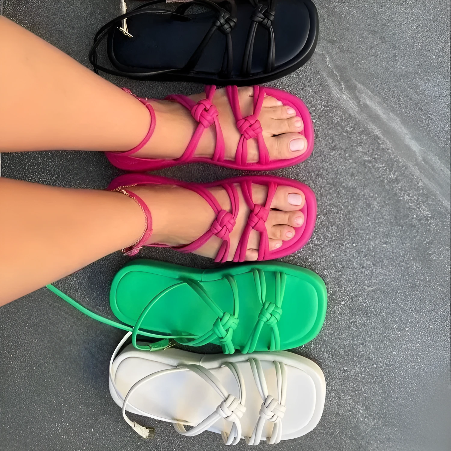 Women's woven beach sandals with PU upper and ankle buckle in five colours including green and rose red