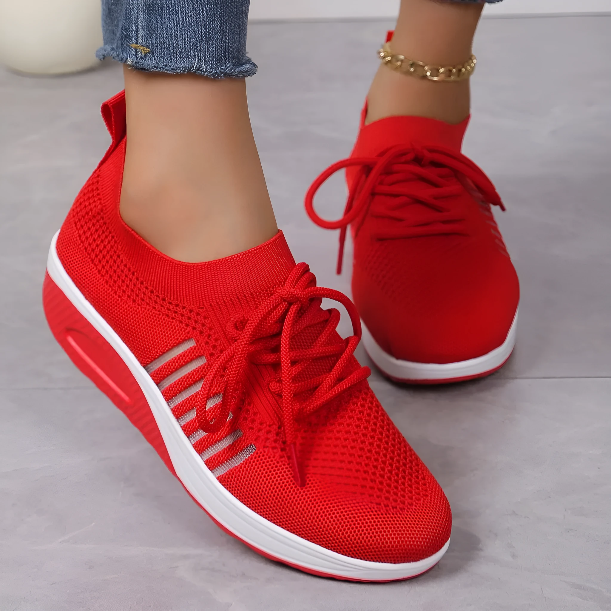 Women's lace-up flat shoes with mesh upper and platform heel in black, dark blue, or red colour options