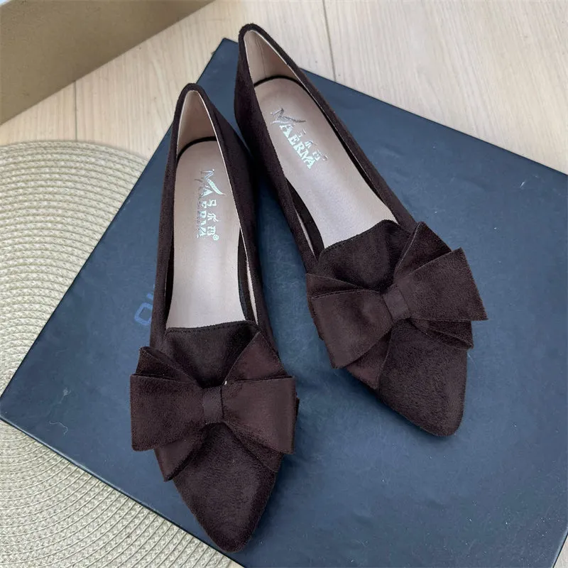 Women's solid colour bow pointed flat shoes with chunky heel and round toe in wine red colour