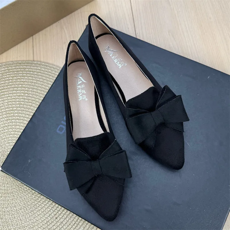 Women's solid colour bow pointed flat shoes with chunky heel and round toe in wine red colour