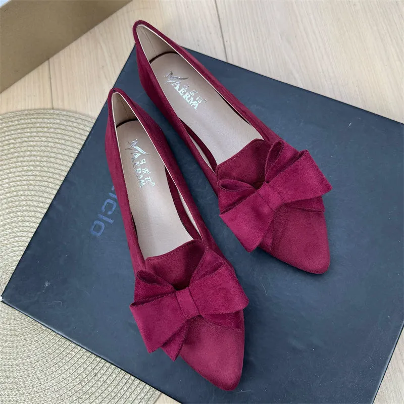 Women's solid colour bow pointed flat shoes with chunky heel and round toe in wine red colour