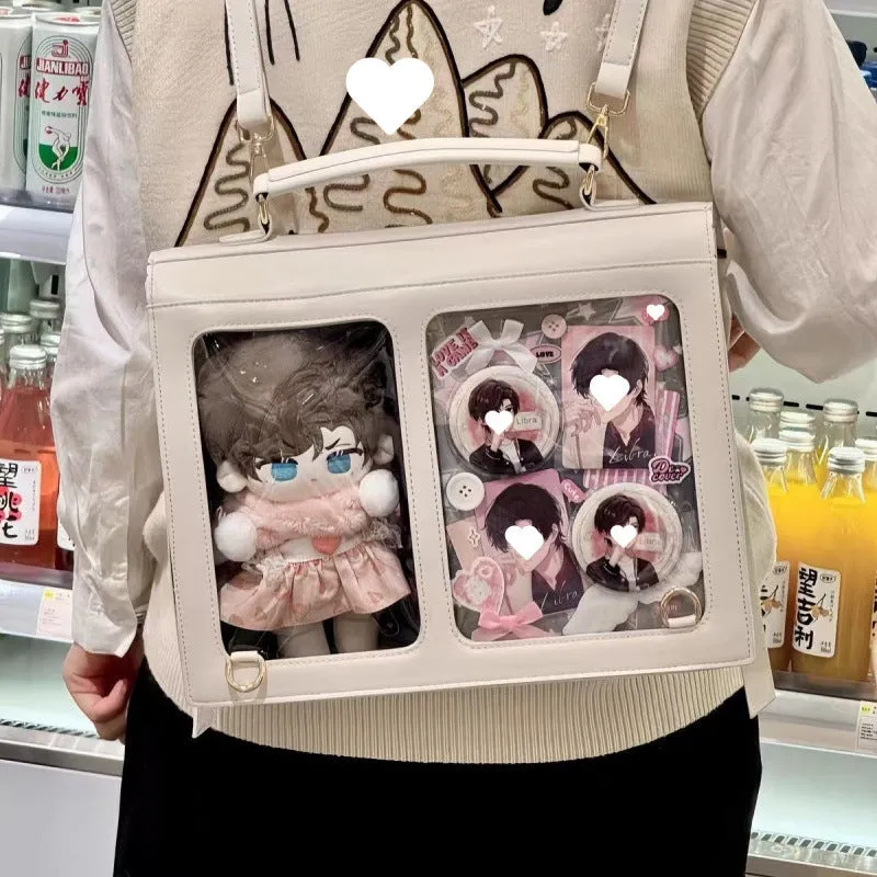 College style cotton doll cartoon backpack cross-body in brown tie plate colour, 34x27cm, polyester fibre material