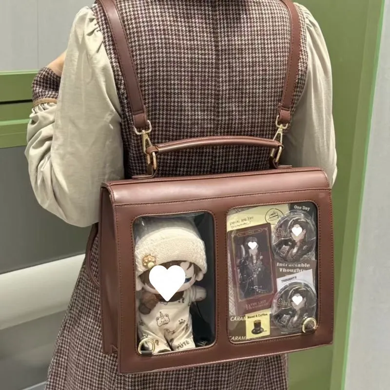 College style cotton doll cartoon backpack cross-body in brown tie plate colour, 34x27cm, polyester fibre material