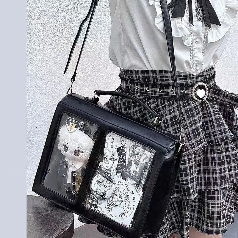 College style cotton doll cartoon backpack cross-body in brown tie plate colour, 34x27cm, polyester fibre material
