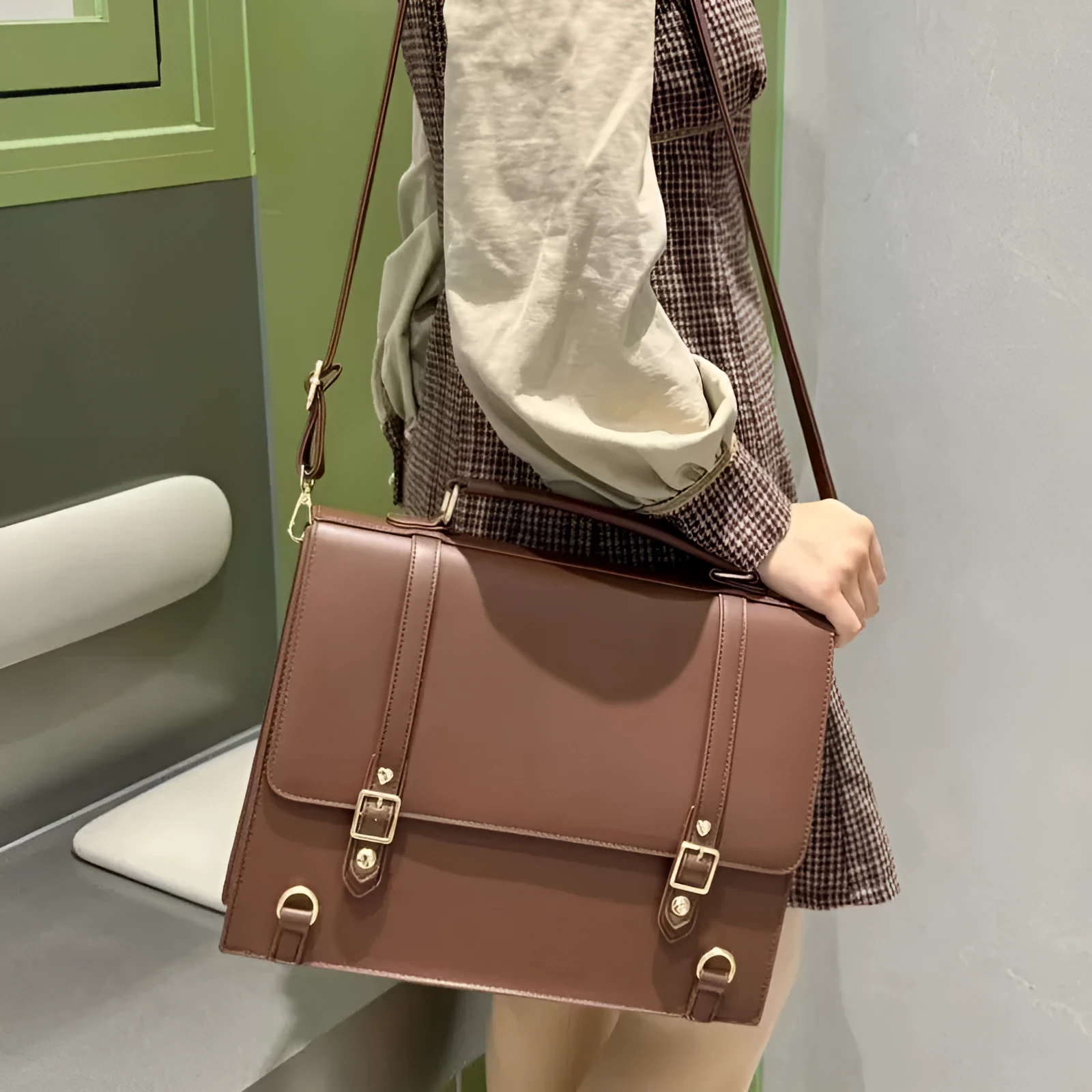College style cotton doll cartoon backpack cross-body in brown tie plate colour, 34x27cm, polyester fibre material