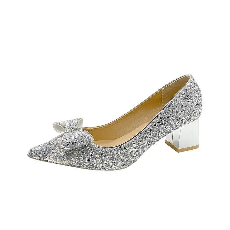 Crystal sequin chunky heel pointed-toe pumps in gold with 4.5cm heel