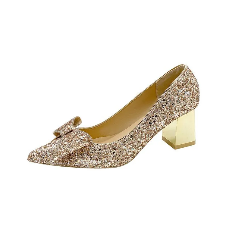 Crystal sequin chunky heel pointed-toe pumps in gold with 4.5cm heel